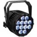 Černý LED PAR reflektor s kovovým rámem a úchytem. Přední strana obsahuje 12 kulatých LED diod svítících modře. Na přístroji nejsou viditelné žádné z…