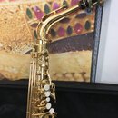 Zlatý saxofon s černým mouthpiecem. Na hradečku mouthpiecu je vidět malý nápis, který není čitelný. Povrch nástroje je lesklý a v dobrém stavu.