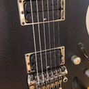 Černá elektrická kytara s dvěma humbuckery v kovových rámečcích. Na snímačích jsou viditelné nápisy NF1 a NP2. Kytara je vybavena pětistrunným mostem…