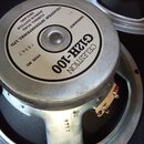 Fotografie zachycuje zadní stranu reproduktoru s kovovým rámem a magnetem. Na bílém štítku je uveden nápis CELESTION G12H-100, IMPEDANCE 8 O, TYPE NO…