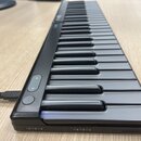 Černý kompaktní klaviaturní kontrolér s plastovým povrchem. Na levé straně jsou dvě ovládací tlačítka, z nichž jedno obsahuje červenou tečku a druhé…
