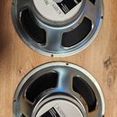 Dvě reproduktory s kovovým rámem a černou membránou. Na bílých štítcích je uveden nápis PROFESSIONAL LOUDSPEAKER, značka CELESTION a model G12T-75. N…