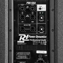 Zadávací panel černého reproduktoru s označením PD615SA. Panel obsahuje vstupy LINE INPUT, výstupy LINE OUTPUT s označením LEFT a RIGHT, přepínač PHA…