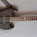 Tmavě hnědá elektrická kytara s výraznou sletovanou strukturou dřeva na těle. Na hlavě je viditelné logo Ltd. Kytara má dva humbuckery, most s tajnou…