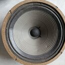 Fotografie zobrazuje reproduktor s černou membránou a vnějším hnědým rámem z materiálu připomínajícího dřevolit nebo tvrdý karton. Na membráně nejsou…