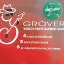 Fotografie detailu červeného obalu s bílým logem GROVER a nápisem WORLD'S FINEST MACHINE HEADS. Vedle jsou uvedeny vlastnosti LOCKS AUTOMATICALLY, QU…