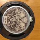 Fotografie zachycuje zadní stranu reproduktoru s černým rámem. Na kovovém magnetu je detailní rytý ornament s motivem lebky a chapadel. Jsou zde vidi…