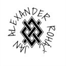 Černobílá grafika s centrálním geometrickým symbolem připomínajícím pletenec. Kolem symbolu je v kruhu napsán text ALEXANDER JAN ROHÁČ.