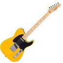 Žlutá elektrická kytara s tvarem typu Telecaster a černým pickguardem. Má světle hnědý javorový hmatník a hlavu s viditelným logem Fender. Nástroj je…