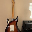 Zadní strana elektrické kytary s tělem v provedení sunburst a světlou dřevěnou hmatnicí. Na kovovém krytu v místě spoje krku a těla je logo Fender. V…