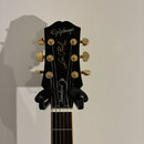 Černá hlava elektrické kytary s nápisy Epiphone, Les Paul MODEL a Standard. Nástroj má zlaté ladičky a bílé struny. Povrch je hladký a bez viditelnéh…