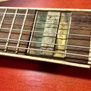 Detail hředu strunového nástroje s dřevěnou deskou a kovovými vložkami. Na jedné ze zlatavých kovových částí je svisle vyražen nápis G T D. Povrch dř…