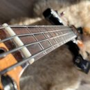 Detailní pohled na hриф kytary s tmavým dřevěným hmatníkem a bílými pražníky. Na hlavě nástroje jsou vidět černé ladičky a část světlého dřeva. Povrc…