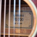 Detail pohledu do vnitřku akustické kytary. Uvnitř je vidět papírový štítek s nápisy YAMAHA, FG-200 a MADE IN TAIWAN. Štítek je v rámečku s ozdobnými…