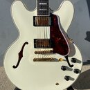 Bílá polodublová elektrická kytara s hnědým želvovinovým plechtrzem. Nástroj má dva humbuckery, zlatý most a zlatý stopku. Na těle jsou čtyři černé o…