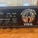 Černý basový zesilovač s nápisy PROFESSIONAL BASS AMPLIFIER a WorkingPro™. Na předním panelu je stříbrné logo SWR, označení modelu 700 a přepínač PWR…