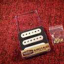 Dvě bílé snímače typu single-coil v průhledném plastovém obalu. Na hnědém podkladu je nápis TONERIDER PICKUPS ALNICO II BLUES FOR ALL STRATOCASTERS a…