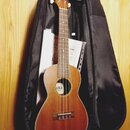 Hnědý ukulele v černé měkké obalu, pod kterým jsou vidět listy s notami. Na hlavě nástroje je nápis "Ohana". Uprostřed těla se nachází štítek s texte…