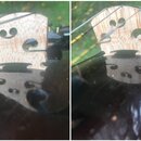 Dvě fotografie detailu světlého dřevěného kobylku na tmavém, lakovaném povrchu smyčcového nástroje. Kobylka má charakteristické výřezy a v horní část…