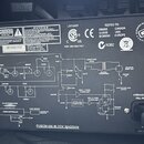 Zadní strana černého zesilovače s technickým schématem a nápisy. Na štítku je uveden model Fusion 550, značka GK a nápis DESIGNED BY ROBERT GALLIEN M…