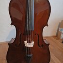 Hnědý smyčkový nástroj, pravděpodobně violoncello, s lakovaným povrchem. Na těle jsou vidět f-otvory, světlá dřevěná kobylka a černý strunník. Nástro…