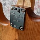 Detail zadní strany kytary s kovovým krytem elektroniky. Na krytu je vyryto logo Fender a nápis LIMITED EDITION, v horní části jsou značky CE a symbo…