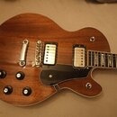 Hnědá elektrická kytara s tvarem single-cutaway a dřevěným povrchem. Nástroj má dva humbuckery s bílými kryty, černý plechtrguard a čtyři ovládací kn…