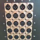 Černý panel s 16 kovovými konektory typu XLR. Konektory jsou uspořádány do mřížky 4x4 a jsou označeny písmeny A, B, C, D v horní řadě a čísly 1, 4, 5…
