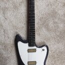 Černá elektrická kytara s bílým pickguardem a dvěma humbuckery. Hmatník je tmavého dřeva, hlava kytary je v přirozené barvě dřeva s bílým logem, kter…