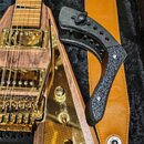 Elektrická kytara s tělem ve tvaru V z hnědého dřeva se zlatým hardwarem. Kytara má dva humbuckery, zlatý most a ladicí knoflíky. Vedle kytary leží č…