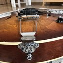 Detail zadní strany hnědé polodublové elektrické kytary s viditnou strukturou dřeva. Nástroj má chromovaný vibrační systém (tremolo) a bílý lem po ob…