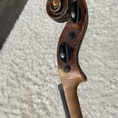 Detail hlavy smyčcového nástroje z hnědého dřeva s carved spirálou. Jsou vidět dva černé ladicí kolíky zasunuté do kolikovnice. Povrch dřeva vykazuje…