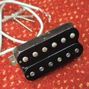 Černý humbucker s dvěma řadami šesti kovových pólů. Nástroj má připojený bílý kabel a v pozadí jsou vidět tři kovové pružiny. Na povrchu nejsou žádné…