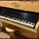 Světle hnědé dřevěné piano s černým krytem klaviatury. Na černé části je zlatý nápis A.PROKSCH. Před nástrojem stojí jednoduchá dřevěná stolička. Pov…