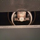 Detail reproduktoru umístěného v boxu za černou mřížkou. Na středovém krytu je vidět logo CELESTION LOUDSPEAKERS, označení G12 z obou stran středu a…
