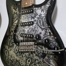 Elektrická kytara s černým bodies a hnedým javorovým hmatníkem. Pickguard je zdoben šedobílým vzorem paisley. Na ovládacích knoflících jsou nápisy VO…