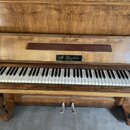 Dřevěný piano s výraznou masivní strukturou a vodorovně orientovaným zrněním. Na čelní straně nad klávesami je umístěn černý obdélníkový štít s nápis…