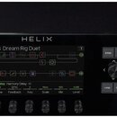 Černý rackový procesor s nápisem HELIX a logem LINE 6. Přístroj má centrální displej, na kterém je vidět text 16B Dream Rig Duet a grafické schéma ef…