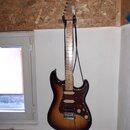 Elektrická kytara s tvarem typu Stratocaster v barevné gradaci od žluté po tmavě hnědou. Má hnědý vzorovaný pickguard, tři snímače a bílé ovládací kn…