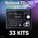 Černý elektronický modul k bubnům s nápisem Roland DRUM SOUND MODULE TD-30 SuperNATURAL. Displej zobrazuje text SONOR SQ2 dr. Modul má numerous ovlád…