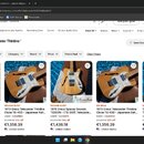 Snímek zachicuje výřez z webové stránky bazaru Reverb s výsledky vyhledávání pro „Greco Telecaster Thinline“. Jsou zde zobrazeny čtyři různé elektric…