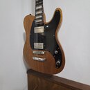 Elektrická kytara s přírodním dřevěným povrchem těla a černým plechtrádem. Nástroj má dva humbuckery, chromovaný most a jeden ovládací knoflík. Na ky…