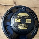 Černý reproduktor s kovovým rámem, položený na dřevěném povrchu. Na zadní straně je žlutá nálepka s nápisy „SPECIALLY DESIGNED FOR Fender MUSICAL INS…
