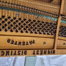 Detail vnitřku klavíru s kovovým zlatavým rámem a napnutými strunami. Na rámu jsou vyrazeny nápisy KOCH & KONSELT, HIGHEST DISTINCTIONS a PATENTED. P…