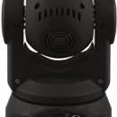 Černý svítící přístroj typu moving head z plastu. V zadní části jsou umístěny ovládací prvky, vypínač a konektory pro připojení kabelů. Na spodních k…
