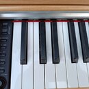 Detailní záběr na klávesy digitálního piana s bílými a černými klávesami. Na levé straně je ovládací panel s nápisy DEMO/SONG, PIANO/VOICE, METRONOME…