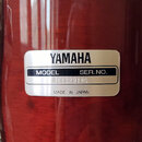 Detail stříbrného kovového štítku na červeném lakovaném povrchu nástroje. Na štítku je nápis YAMAHA, pod ním tabulka s nadpisy MODEL a SER. NO., kde…