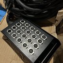 Černý kovový rozdělovač s 24 konektory XLR. Vedle každého konektoru je bílé číslování od 1 do 24. K zařízení vede svazek černých kabelů s nápisem RoH…