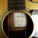 Detail akustické kytary s vyřezem, zaměřený na otvor v těle. Uvnitř je vidět štítek s nápisy Walden Guitars, Model: CS550CE a Serial #: 13060212, dál…