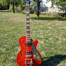 Červená polodublová elektrická kytara s f-otvory a zlatým hardwarem. Na hlavě je bílé logo DANELECTRO. Kytara má dva humbuckery, zlatý hnízdový most…